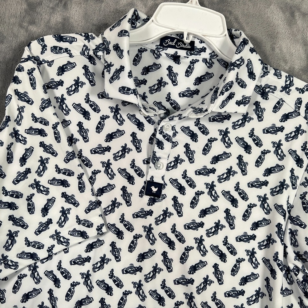 Bad Birdie Golf Polo Shirt Mens Large Caddie By Day Navy Blue White Printed